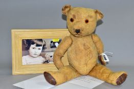 A VINTAGE TEDDY BEAR, probably English 1930s, no makers label, with golden mohair, jointed limbs,