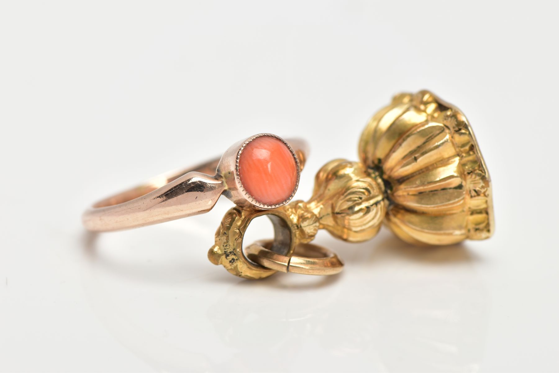 A CORAL RING AND INTAGLIO FOB, a round cabochon coral stone milgrain set in a rose metal mount, - Image 3 of 4