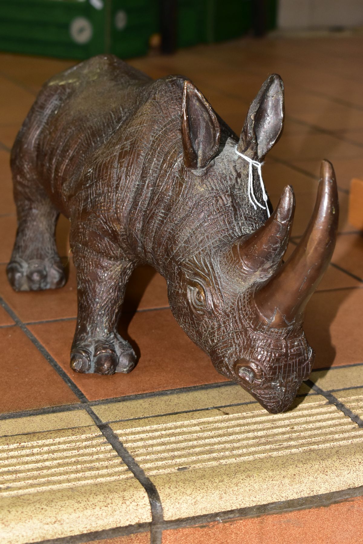 A BRONZE RHINOCEROS FIGURE, height 18cm, length 50cm, heavy (Condition report: good, no obvious - Image 3 of 7