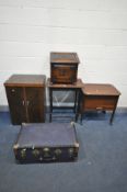 A VINTAGE TRAVELLING SUITCASE, mahogany sewing box, mahogany cased treadle sewing machine/cabinet,