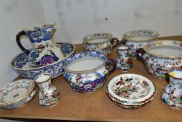 A GROUP OF MASONS IRONSTONE CERAMIC WARES, and a Copeland soap drainer and dish with ribbon and