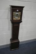 AN OAK GRANDDAUGHTER CLOCK, the square hood enclosing a brass and silvered dial, spandrels to each