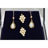 A PAIR OF 9CT GOLD OPAL DROP EARRINGS AND ONE OTHER PAIR, each drop earring set with a tear drop