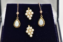 A PAIR OF 9CT GOLD OPAL DROP EARRINGS AND ONE OTHER PAIR, each drop earring set with a tear drop