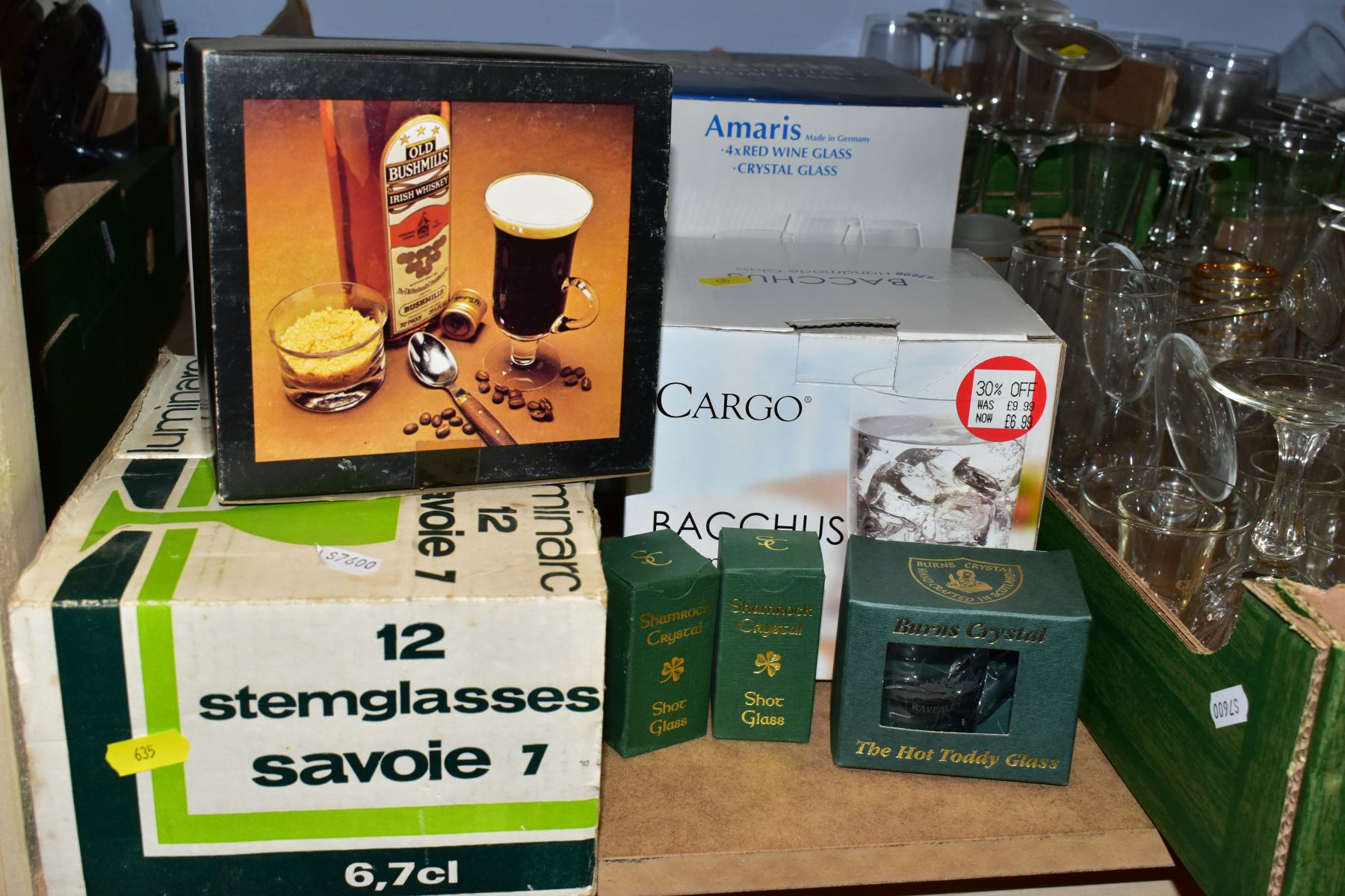 FOUR BOXES AND LOOSE ASSORTED DRINKING GLASSES ETC, to include boxed Dartington FT83 Irish coffee - Image 5 of 9