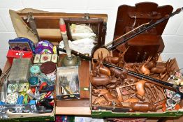 TWO BOXES AND LOOSE TREEN, TOOLS, METALWARES ETC, to include a twentieth century wooden tabletop