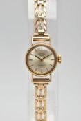 A LADYS 9CT GOLD WRISTWATCH, non-running movement in need of attention, round silver dial signed '