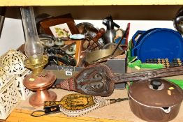 TWO BOXES AND LOOSE METALWARES AND SUNDRY ITEMS, to include a vintage Plus Adder adding machine, J