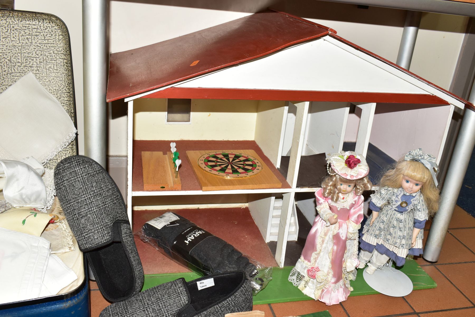 A 1960S/1970S WOODEN DOLLS HOUSE, modelled as a two storey detached house, open fronted with four - Image 9 of 10