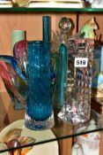 SIX PIECES OF MODERN COLOURED AND CLEAR GLASSWARE, including a Rogaska triangular candlestick,