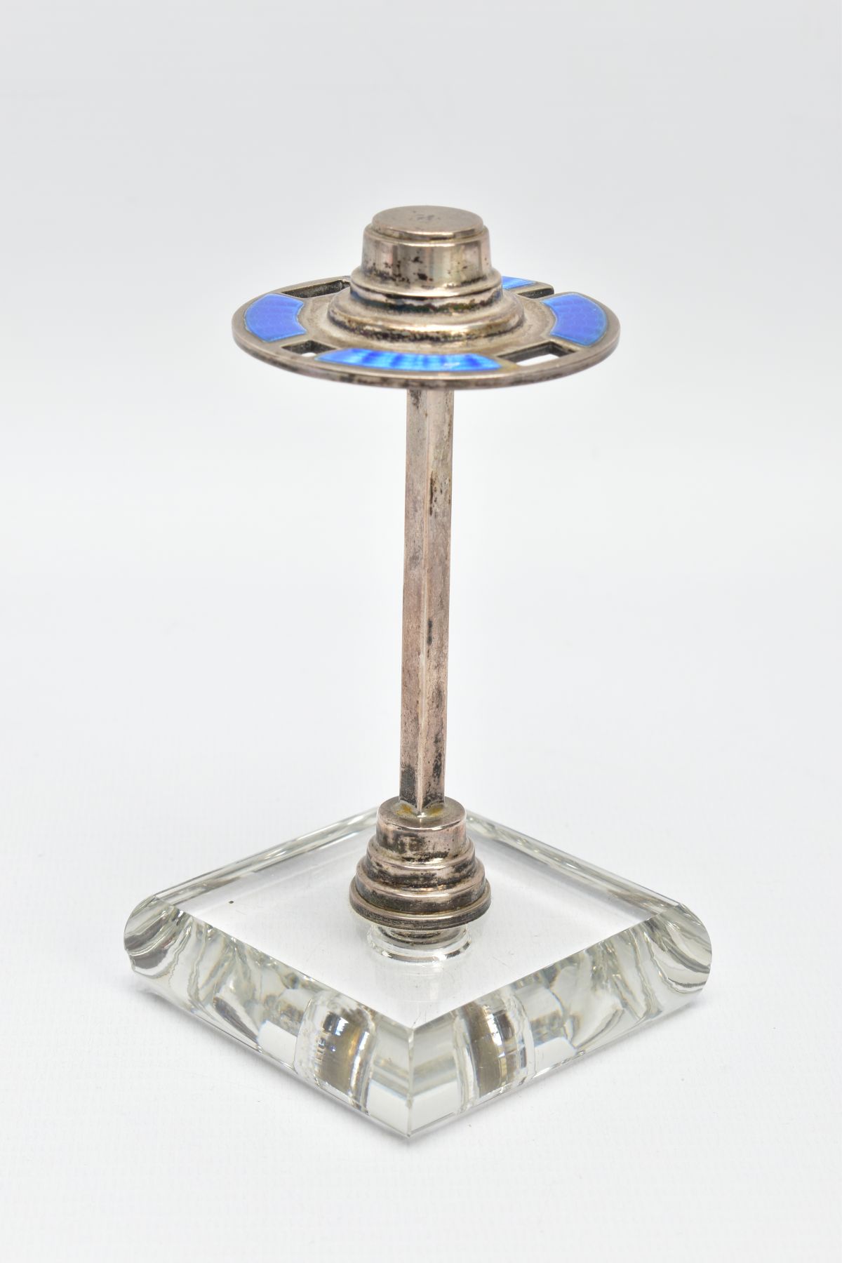 A 1930S SILVER ENAMEL MANICURE STAND, a circular silver stand with blue guilloche enamel detail