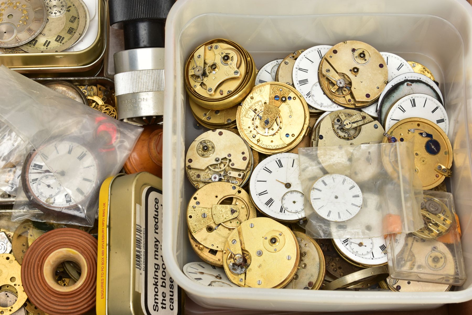 A BOX OF WATCH MAKERS SPARES AND REPAIRS, to include pocket watch dials, cases, movements, a box - Image 4 of 7