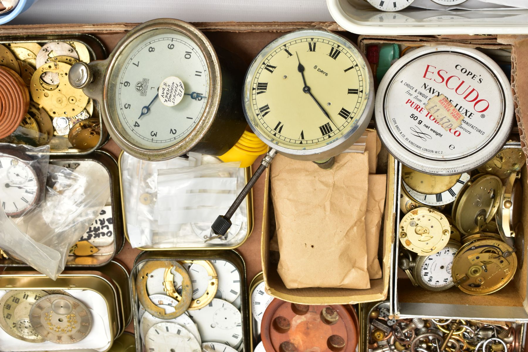 A BOX OF WATCH MAKERS SPARES AND REPAIRS, to include pocket watch dials, cases, movements, a box - Image 6 of 7