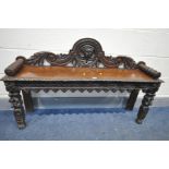 A 19TH CENTURY CARVED OAK HALL BENCH, with a raised back, bobbin turned arms, length 121cm x depth