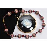 A VENETIAN GLASS BEAD NECKLACE AND A FRAMED THREE GRACES CAMEO, the necklace fitted with thirteen