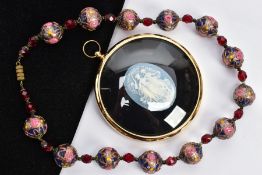 A VENETIAN GLASS BEAD NECKLACE AND A FRAMED THREE GRACES CAMEO, the necklace fitted with thirteen