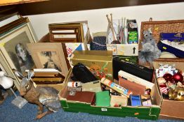 SEVEN BOXES AND LOOSE PICTURES, CHRISTMAS DECORATIONS, KNITTING, SEWING AND SUNDRY ITEMS, to include