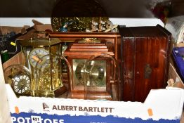 TWO BOXES OF CLOCKS, METALWARES AND SUNDRY ITEMS, to include two glass display domes with bases