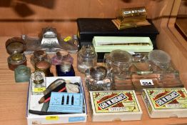 A COLLECTION OF ASSORTED INKWELLS, STEEL PEN NIBS, DESK STANDS, ETC, including two card boxes for '