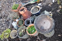 A COLLECTION OF GLAZED, COMPOSITE AND TERRACOTTA GARDEN ORNAMENTS including 2 chimney pots 43cm