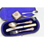 AN ASSORTMENT OF SILVER ITEMS, to include an incomplete cased cutlery set, a spoon and fork engraved