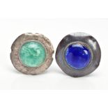 TWO ARTS AND CRAFTS BROOCHES, white metal circular brooches one with a circular blue enamel