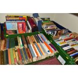 FOUR BOXES OF BOOKS AND MAPS ETC, to include modern fiction, diabetic self-help books, self-