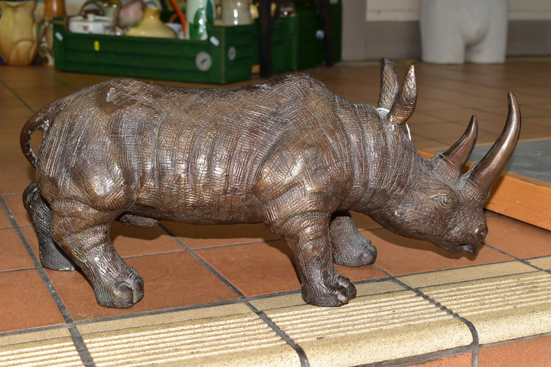 A BRONZE RHINOCEROS FIGURE, height 18cm, length 50cm, heavy (Condition report: good, no obvious - Image 4 of 7