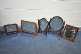 FIVE VARIOUS DRESSING MIRRORS, to include two Georgian mahogany shield shaped dressing mirrors,