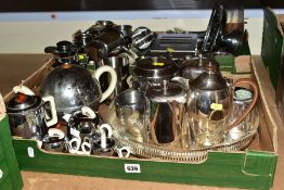 TWO BOXES OF PLATED AND STAINLESS STEEL TEA WARES ETC, to include WMF insulated teapot and water