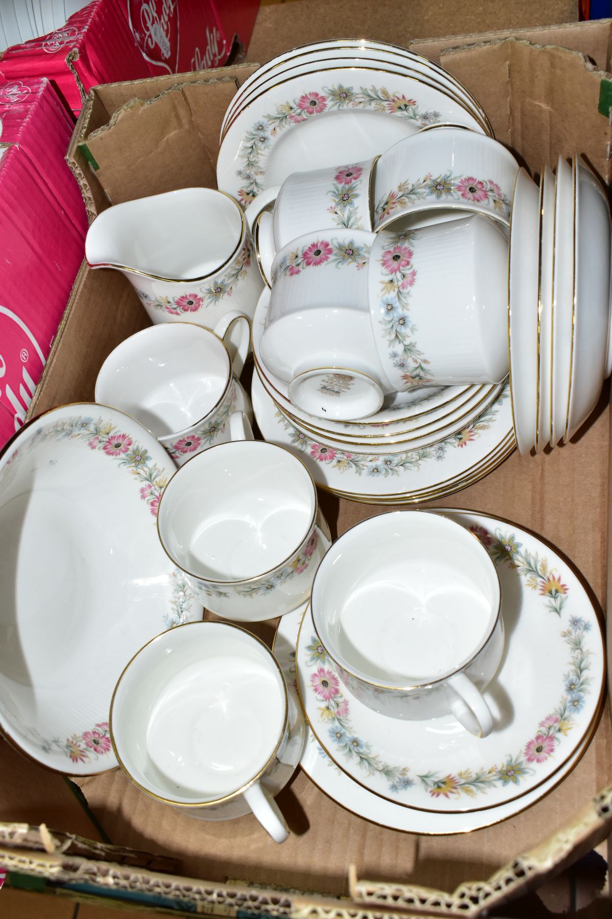 THREE BOXES OF CERAMIC TEA AND DINNERWARES, comprising a twenty eight piece Paragon/Royal Albert - Image 6 of 13