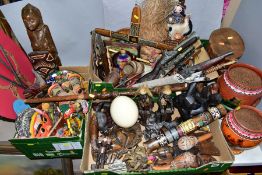 TWO BOXES AND LOOSE TRIBAL AND ETHNOGRAPHIC ITEMS ETC, to include carved wooden African figures