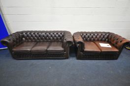 TWO WINCHESTER FURNITURE LTD BROWN LEATHER CHESTERFIELD SOFAS, comprising a three seater settee,