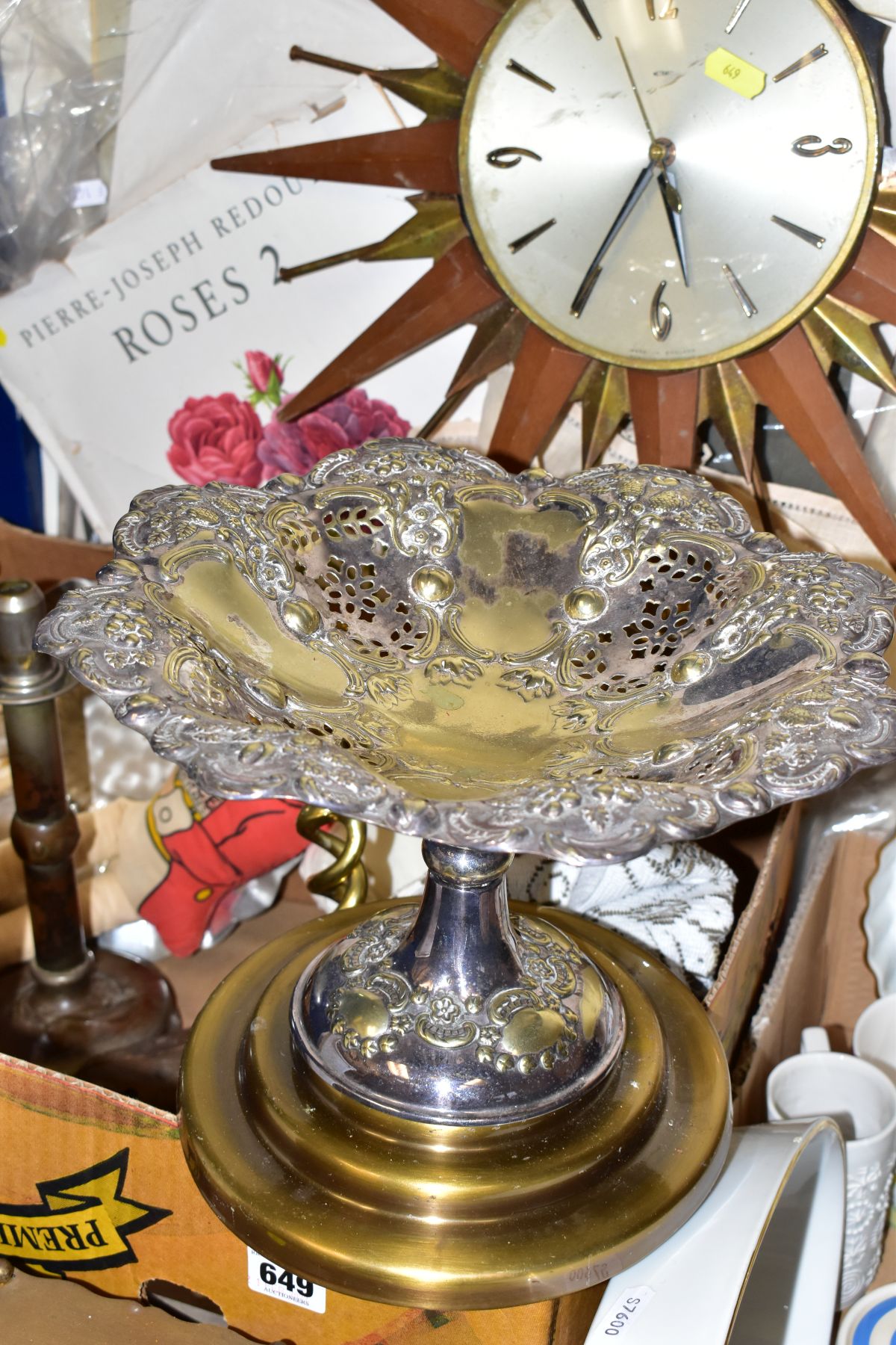 A BOX AND LOOSE SUNDRY ITEMS ETC, to include an Art Deco style 'Time Savings Clock Company' clock, - Image 9 of 12