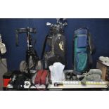 A COLLECTION OF GOLFING EQUIPMENT including a Powakaddy golf bag containing 10 clubs by Titleist and