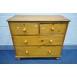A VICTORIAN PINE CHEST OF TWO SHORT AND TWO LONG DRAWERS, width 93cm x depth 44cm x height 87cm