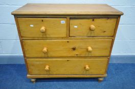 A VICTORIAN PINE CHEST OF TWO SHORT AND TWO LONG DRAWERS, width 93cm x depth 44cm x height 87cm