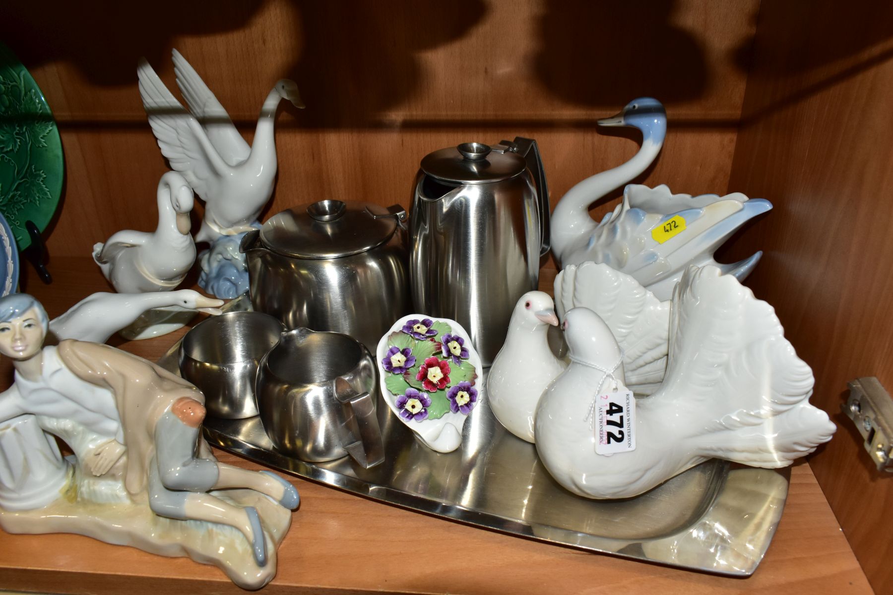 AN OLD HALL STAINLESS STEEL FOUR PIECE TEA SET ON TRAY, LLADRO, NAO AND OTHER SPANISH CERAMICS, ETC, - Image 7 of 12