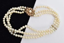 A CULTURED PEARL BRACELET, a three row cultured pearl bracelet, approximate pearl diameter 3mm,