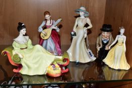 THREE ROYAL DOULTON AND COALPORT LADY FIGURES AND TWO OTHER ITEMS, comprising Royal Doulton 'At