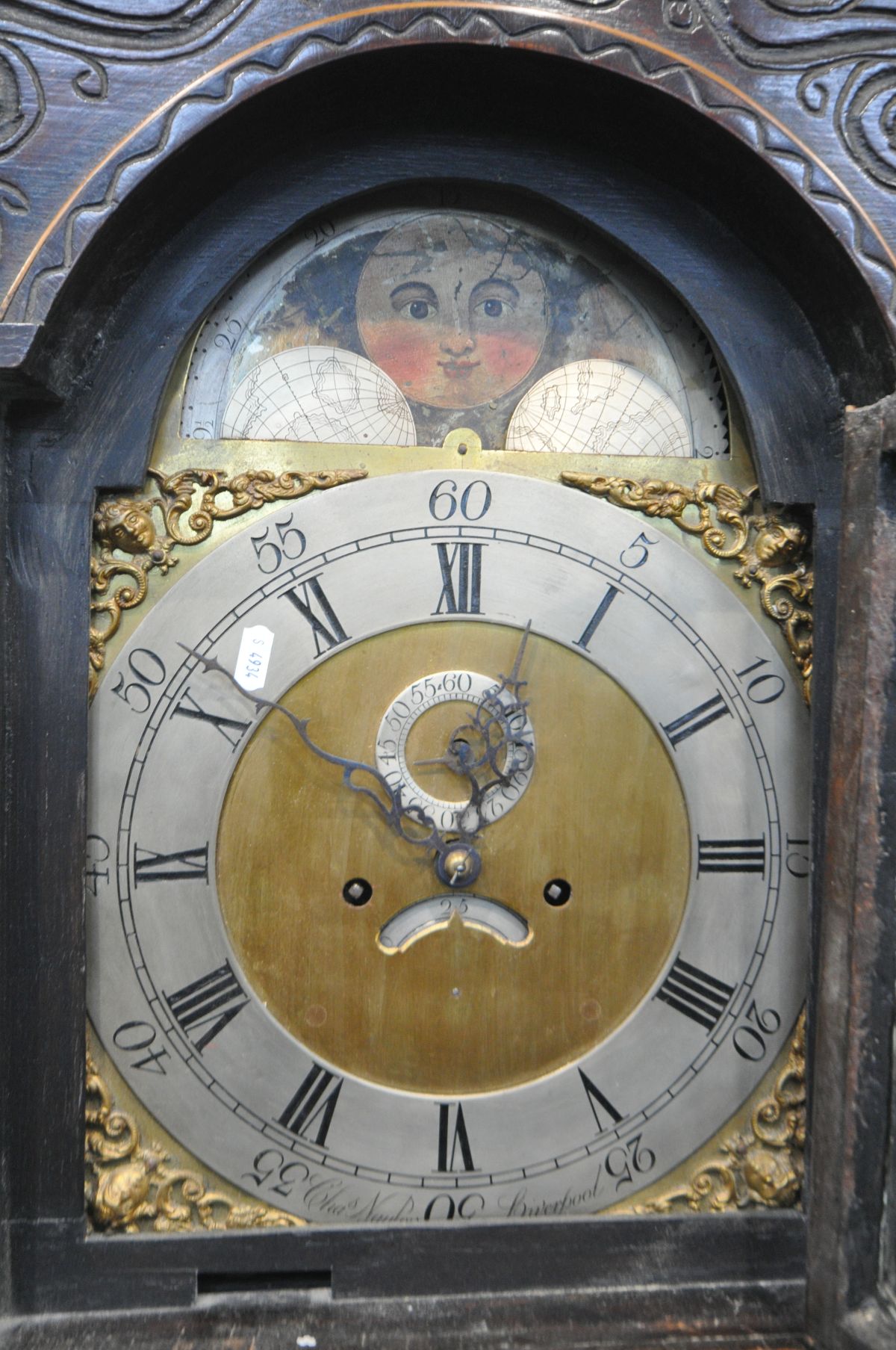 A GEORGIAN CARVED OAK LONGCASE CLOCK, the hood enclosing a brass 10 1/2' dial, moonphase to arch, - Image 2 of 7