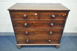 A 19TH CENTURY FLAME MAHOGANY CHEST OF TWO SHORT OVER THREE LONG DRAWERS, turned handles and feet,