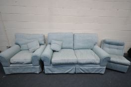 A BLUE UPHOLSTERED THREE PIECE LOUNGE SUITE, comprising a three seater settee, length 180cm, an