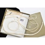 FIVE PIECES OF CULTURED PEARL JEWELLERY, to include a three piece gift set comprising of a necklace,