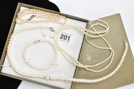 FIVE PIECES OF CULTURED PEARL JEWELLERY, to include a three piece gift set comprising of a necklace,