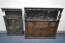 AN OAK COURT CUPBOARD, width 140cm x depth 48cm x height 139cm, and a slim oak lead glazed cupboard,