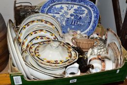 TWO BOXES OF CERAMICS AND GLASS WARES, to include a twenty piece unmarked Art Deco dinner service, a