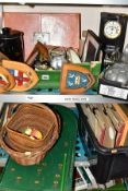 THREE BOXES AND LOOSE METALWARES, RECORDS, CLOCK, BAGATELLE BOARD AND SUNDRY ITEMS, to include a