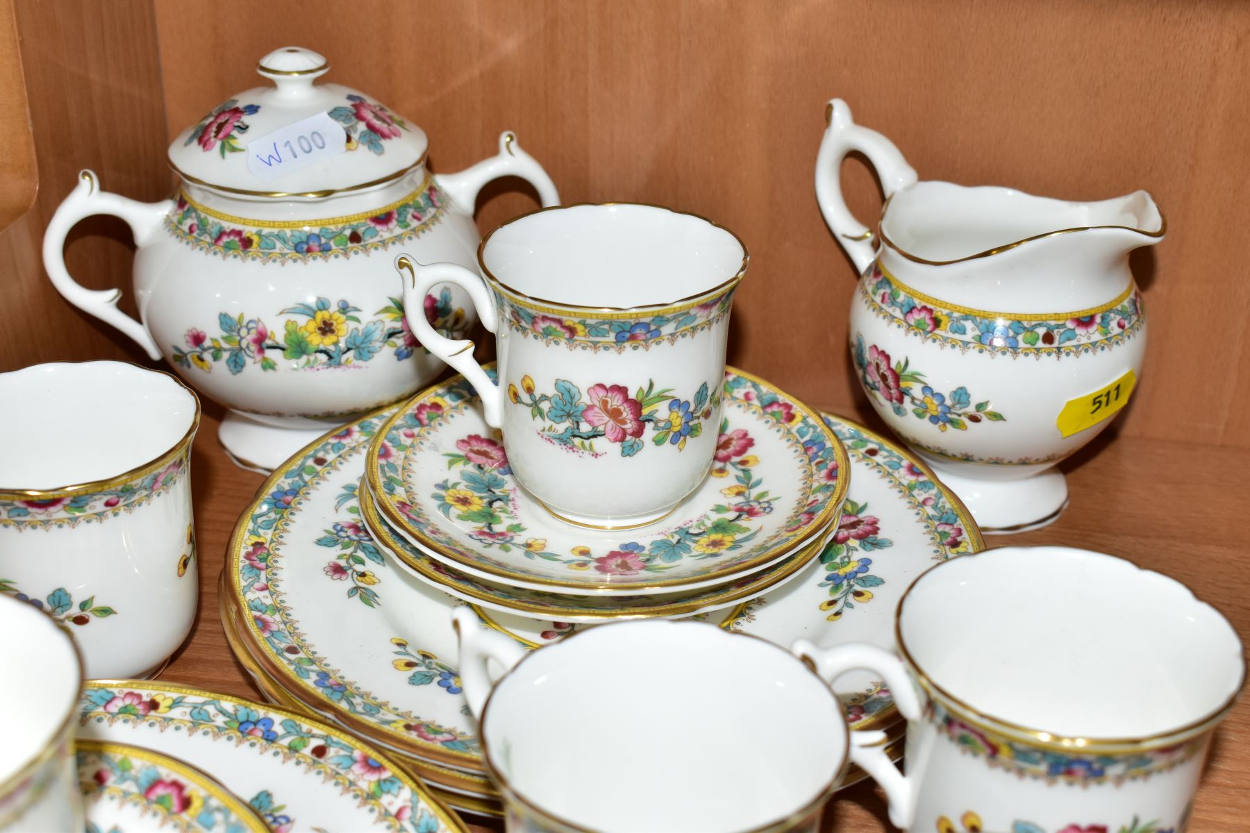 A COALPORT MING ROSE PATTERN PART TEA / COFFEE SERVICE, comprising a twin handled sugar bowl and - Image 3 of 8