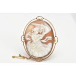 A SHELL CAMEO BROOCH, an oval shell cameo depicting the Grecian goddess Hebe with an eagle,